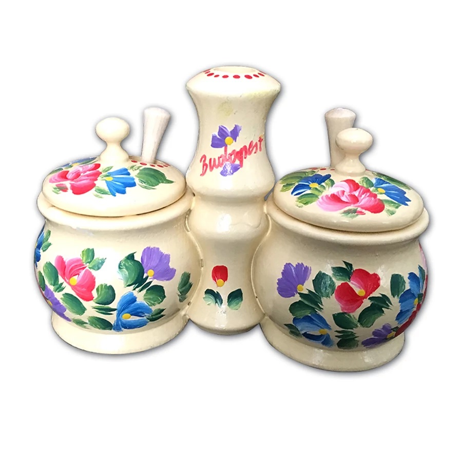 Salt and pepper holder package (wooden, hand-painted) Só és borstartó csomag - includes 2 small spoons, random colors