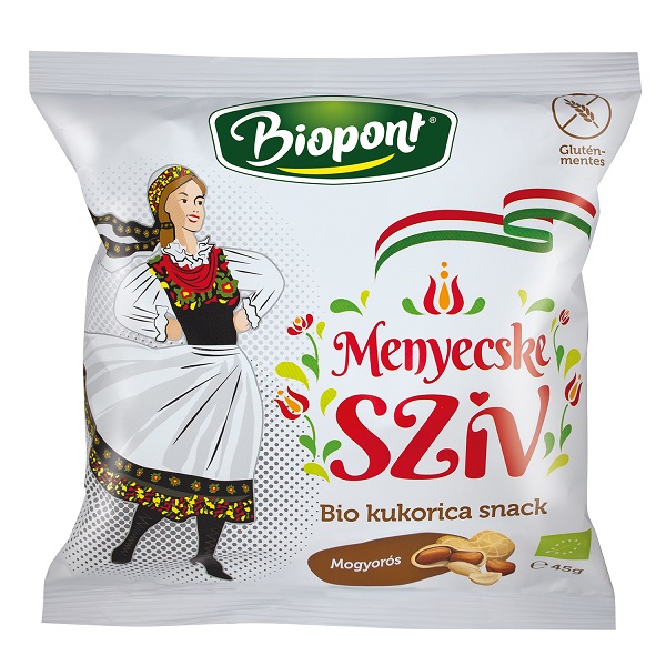Biopont Menyecske (Bride) heart, organic corn snack with roasted peanut (Mogyorós kukorica snack) 45g