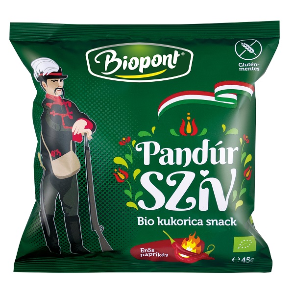 Biopont Pandur (Gendarme) heart, organic corn snack with hot paprika (Erős parikás kukorica snack) 45g
