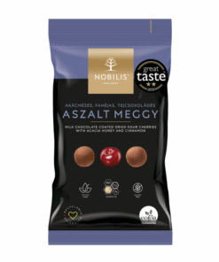 Nobilis Dried sour cherry with acacia honey, cinnamon, milk chocolate coated (Aszalt meggy drazsé, akácméz-fahéj, tejcsokoládés) 100 g
