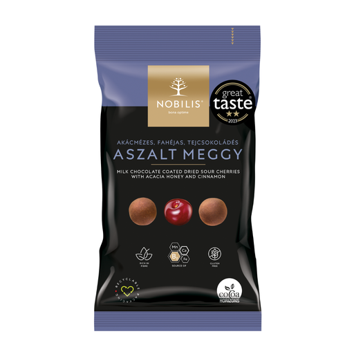 Nobilis Dried sour cherry with acacia honey, cinnamon, milk chocolate coated (Aszalt meggy drazsé, akácméz-fahéj, tejcsokoládés) 100 g